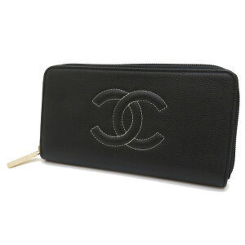 CHANEL Long Wallet Caviar Leather Black